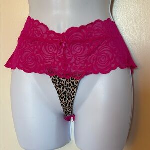 VS Lace Waistband Thong with Leopard Print Front - Hot Pink